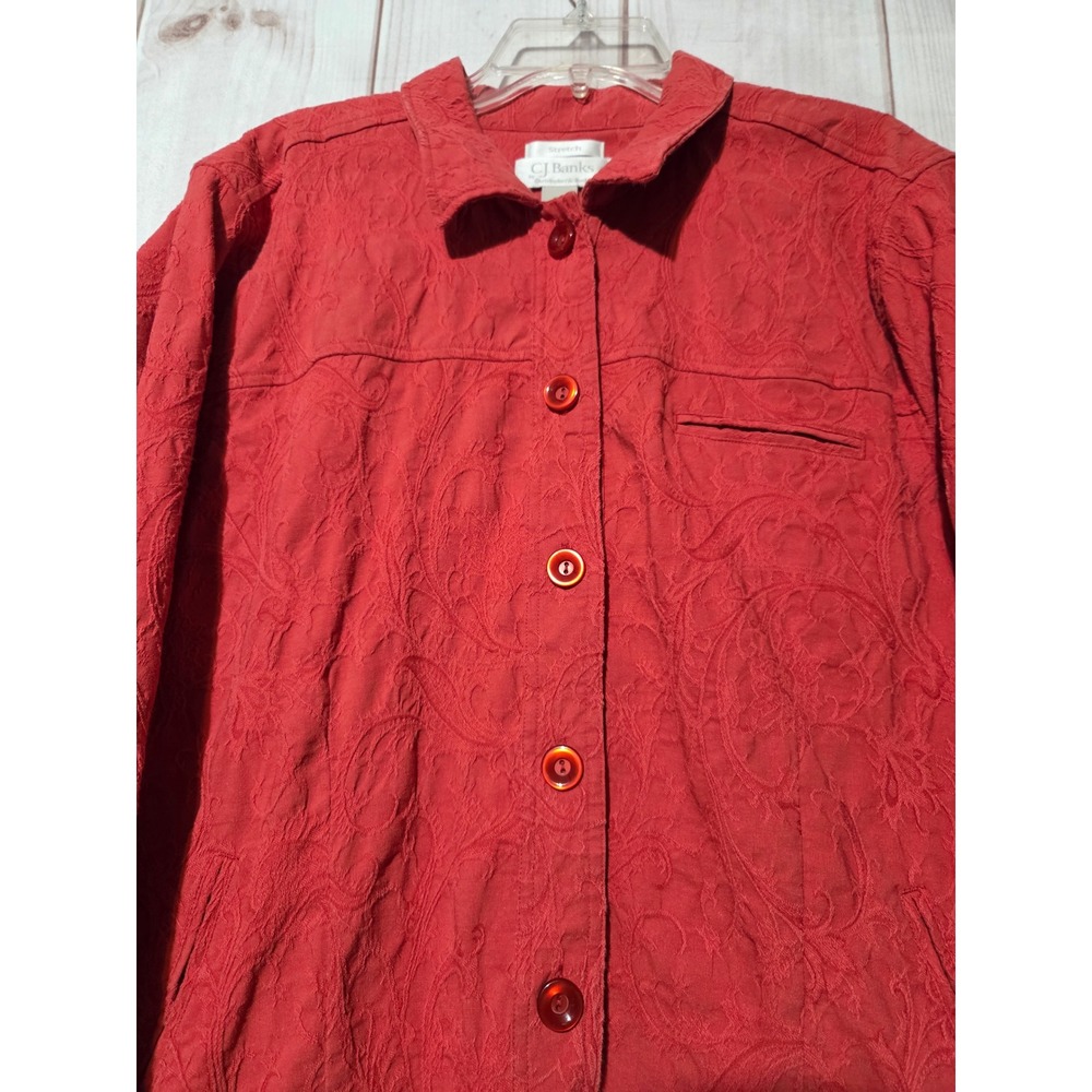 CJ Banks Red Paisley Textured Button Front Jacket Stretch Womens 2X Spring - Picture 3 of 7